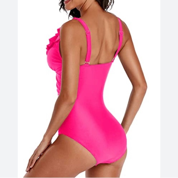 Vibrant Pink Ruffled One Piece Swimsuit with Deep V-Neck - Picture 2 of 12
